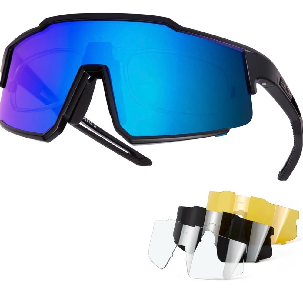 Betta Polarized Sports Sunglasses w/ 4 Lenses UV400 ~ Unisex ~ Black/Blue Frames